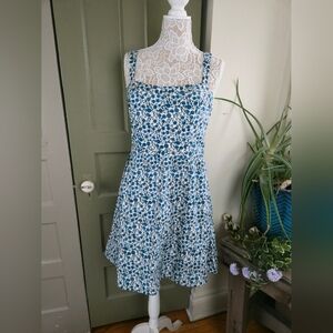 Blue Floral Sundress with Square Neck